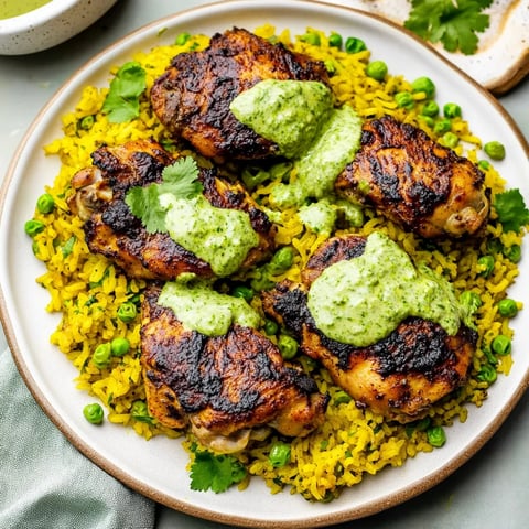 Huhn und Reis mit grüner Sauce