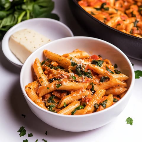 Cremige Tomaten Penne mit Spinat & Mozzarella