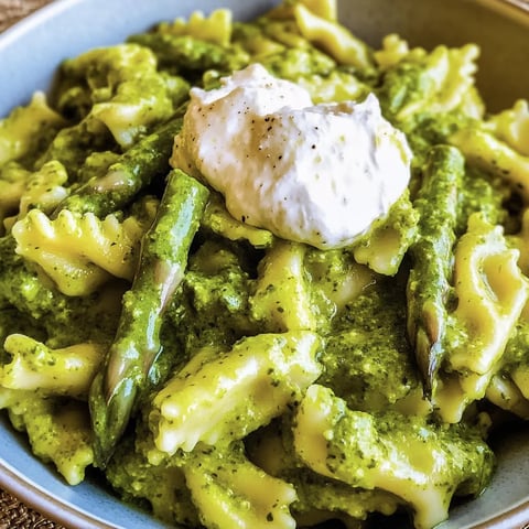 Bärlauchpesto-Pasta mit grünem Spargel und Burrata