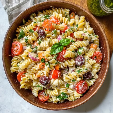 Fusilli-Salat mit frischem Gemüse und Kichererbsen