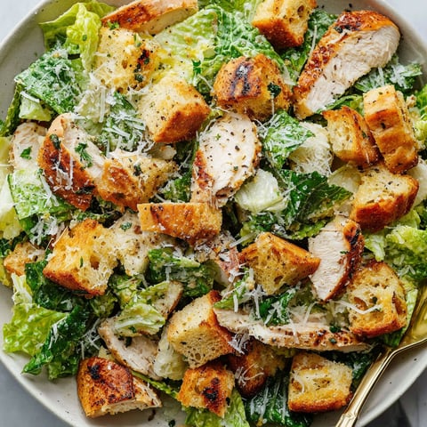 Ein Teller mit Huhn Caesar Salat und hausgemachten Broeseln.