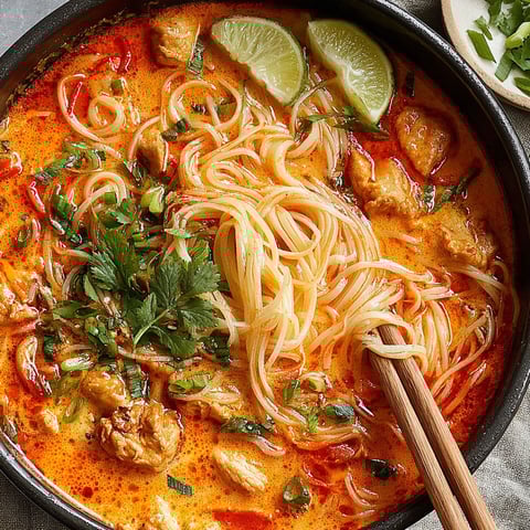 Eine Schüssel Thai Rote Curry Nudelsuppe.