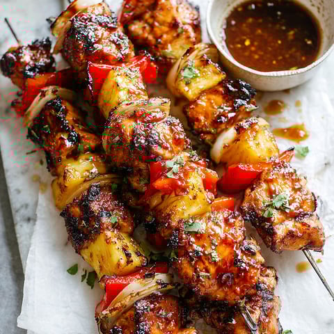 Ein Teller mit BBQ Ananas Huhn Spießen.