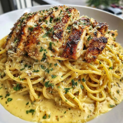 Ein Teller Spaghetti mit Hühnchen und Knoblauch-Mozzarella-Sauce.