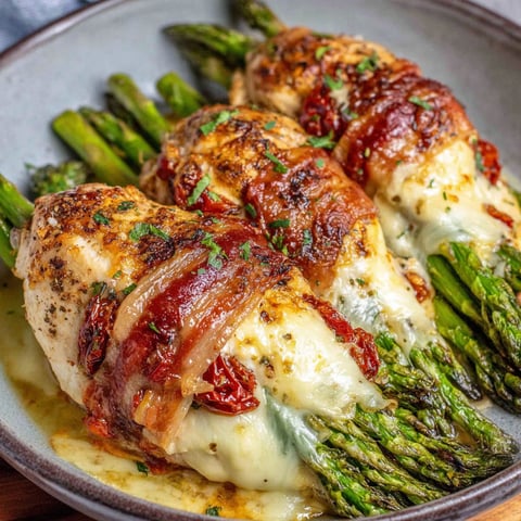 Ein Teller mit Hühnchen, umgeben von Spargel.