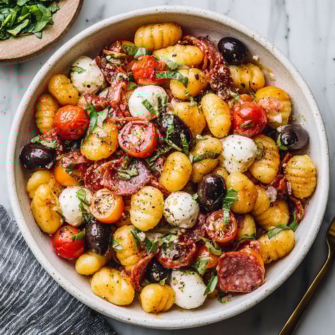 Eine Schüssel mit Gnocchi Antipasto Salat.