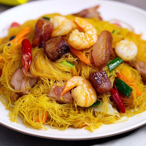 Ein Teller mit Singapore Chow Mei Fun.