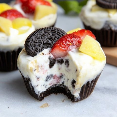 Eine Nahaufnahme einer gefrorenen Joghurt-Tasse mit einer Erdbeere oben drauf.