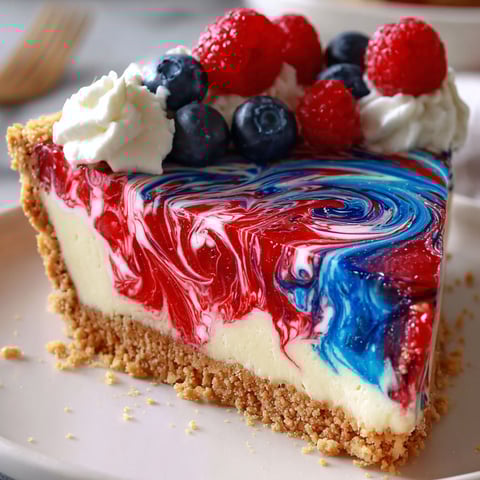 Ein Stück Torte mit rot, weiß und blauen Wirbeln.