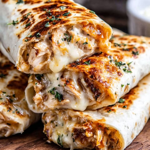 Ein Stapel von Käse Knoblauch Hähnchen Wraps.