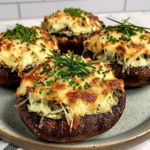 Vier Portobello-Pilze mit Käse und Kräutern.