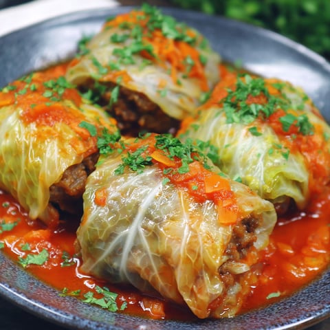 Ein Teller mit hausgemachten Kohlrollen.