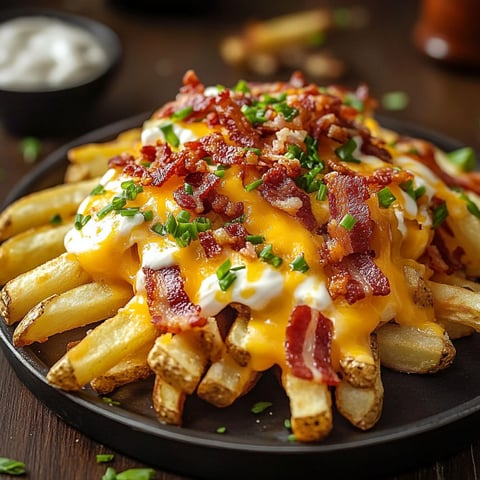 Ein Teller mit gefüllten Speck Käse Pommes.