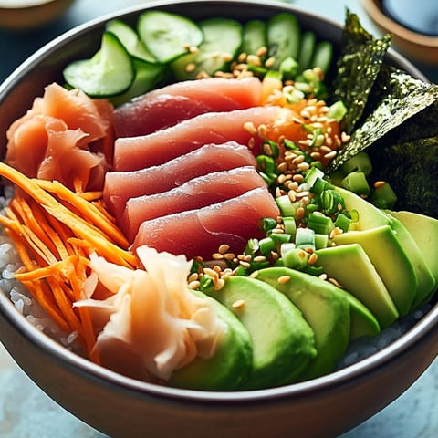 Eine Schale Sushi mit verschiedenen Zutaten.