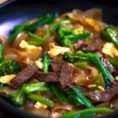 Eine Schüssel Pad See Ew mit Fleisch und Brokkoli.