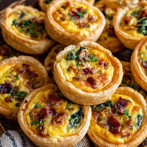 Ein Teller mit Mini-Quiches mit Speck und Spinat.