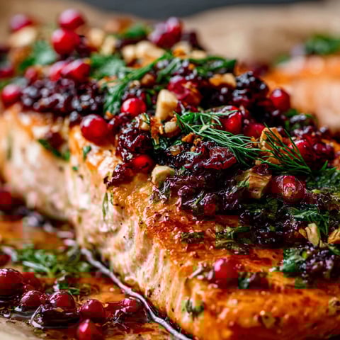 Eine Nahaufnahme von einem Stück Lachs mit Soße und garniert mit Preiselbeeren.