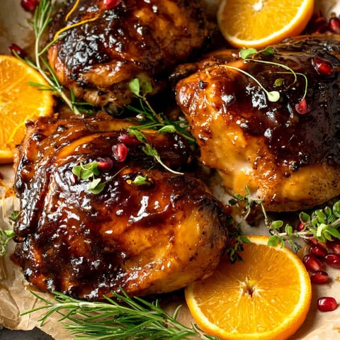 Eine Nahaufnahme eines Stücks Huhn mit Glasur.