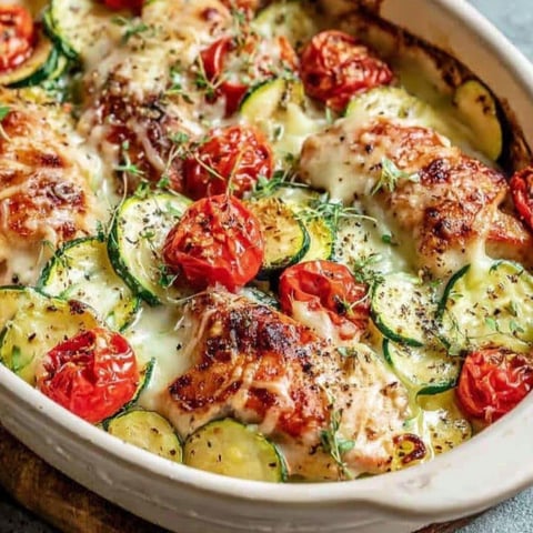 Ein Gericht mit Huhn und Zucchini.