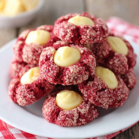 Ein Teller mit roten Samt Keksen mit Käsefüllung.