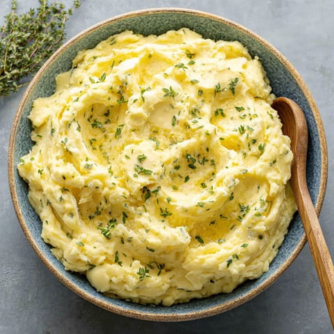 Eine Schüssel mit Kartoffelpüree, gewürzt mit Kräutern und Knoblauch.