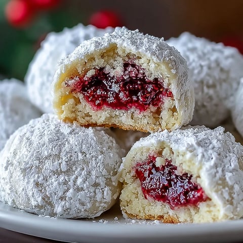 Ein Teller mit himbeer gefüllten Mandel Schneebällen.