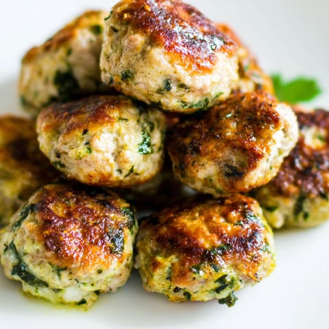 Ein Teller mit Fleischbällchen und Grün oben drauf.