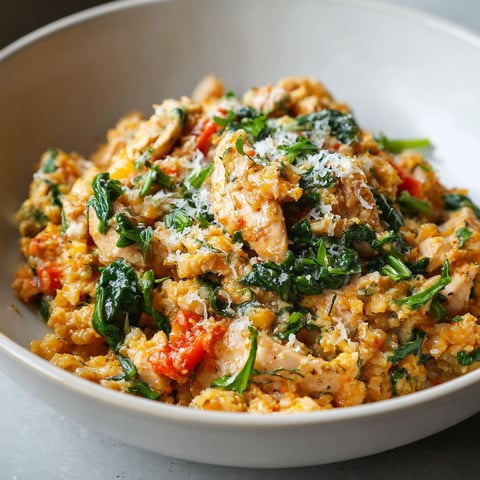 Eine Schüssel mit Pesto Huhn Blumenkohlreis.