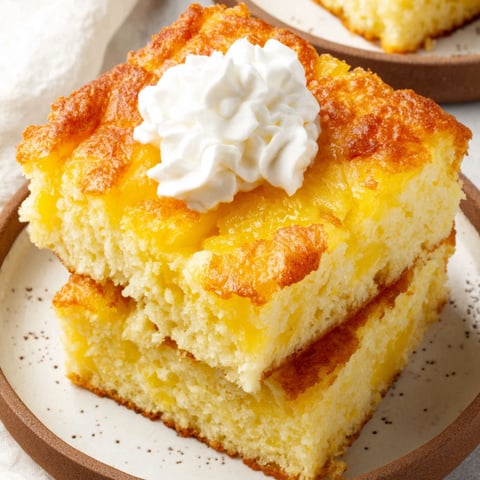 Ein Stück Ananaskuchen mit 3 Zutaten und Schlagsahne.