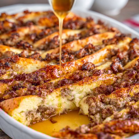 Eine Pfanne mit Wurst- und Käseauflauf, mit Sirup darüber.