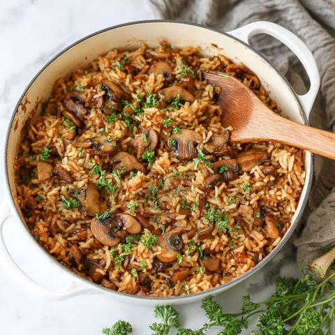 Eine Schüssel Reis mit Pilzen und Kräutern.