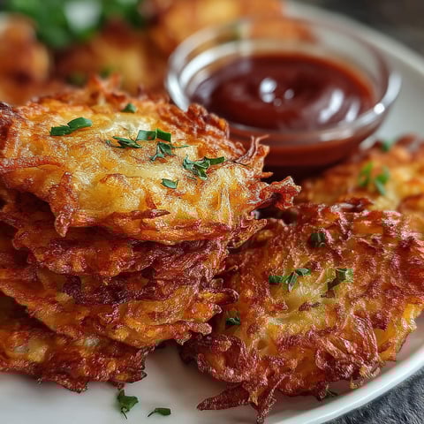 Ein Teller mit Zwiebelkuechlein und Ketchup.