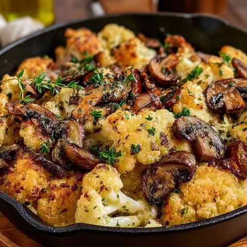 Eine Pfanne voller Blumenkohl, Champignons und Knoblauch.