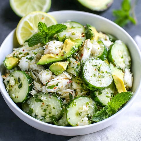 Eine Schüssel mit Gurken-Krabben-Avocado-Salat.