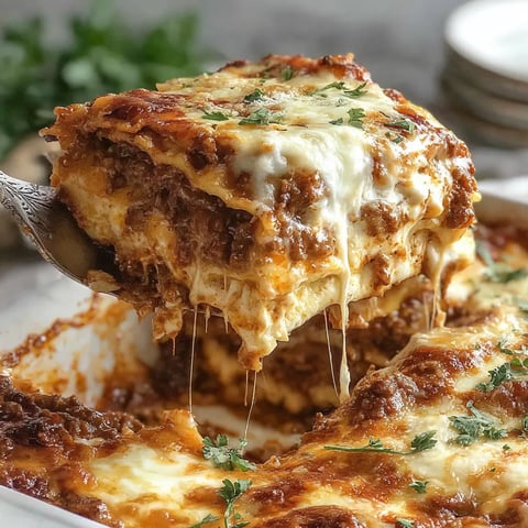 Eine Nahaufnahme eines Lasagne-Gerichts mit einer Gabel darin.