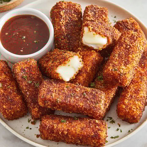 A plate of crispy and spicy Nashville hot mozzarella sticks.