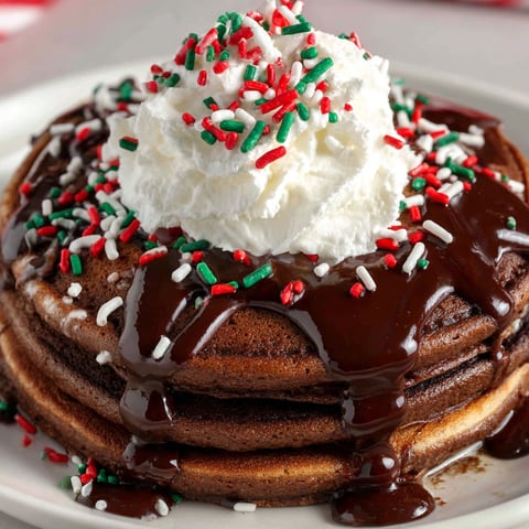 A stack of pancakes with chocolate sauce and whipped cream.