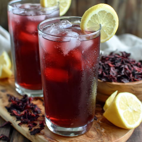 Two glasses of hibiscus tea with lemon wedges.