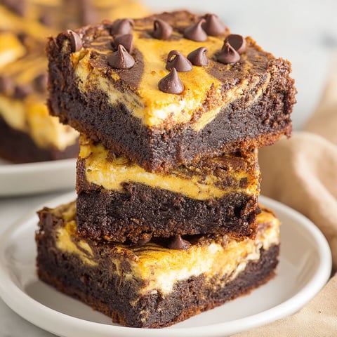 Three pieces of pumpkin brownies on a plate.