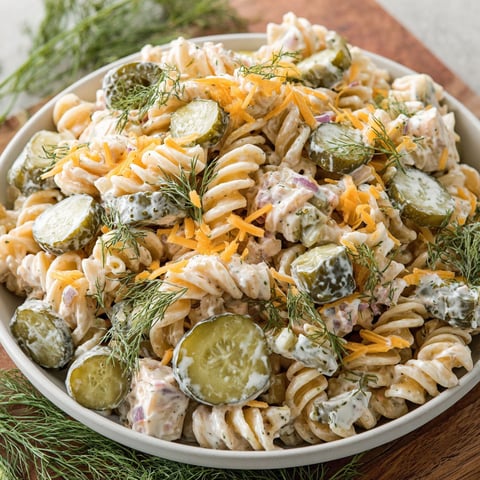 A bowl of pasta salad with pickles and cheese.