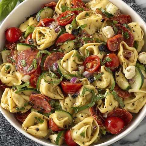 A bowl of pasta salad with tomatoes, zucchini, and cheese.
