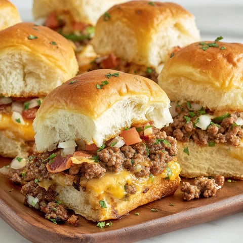 A plate of cowboy sliders with tomatoes and onions.