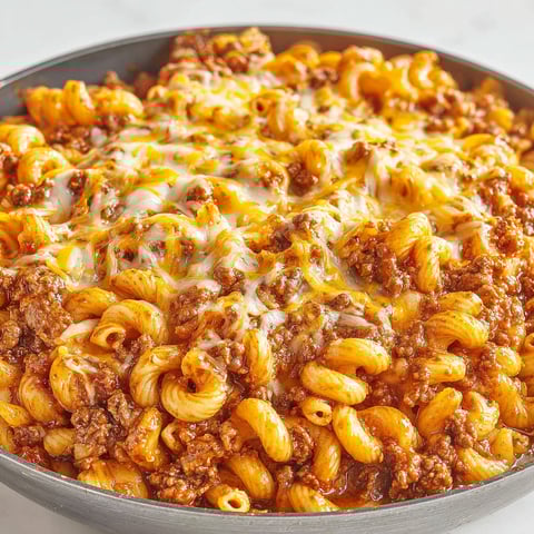 A bowl of pasta with meat and cheese.