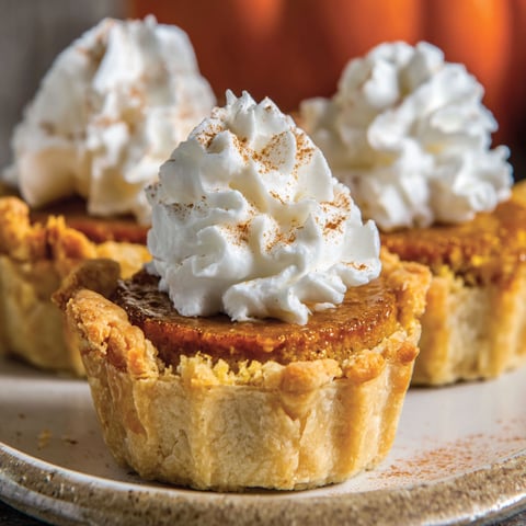 Two mini pumpkin pies with whipped cream on top.