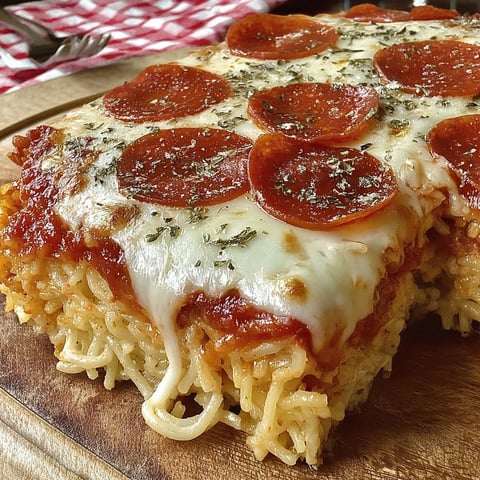 A close up of a spaghetti pizza casserole.
