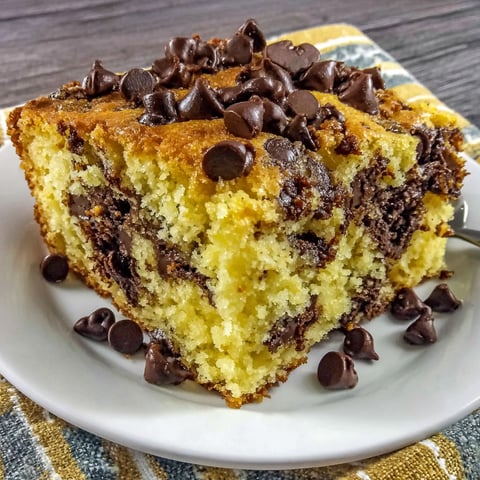 A piece of chocolate chip cake on a plate.