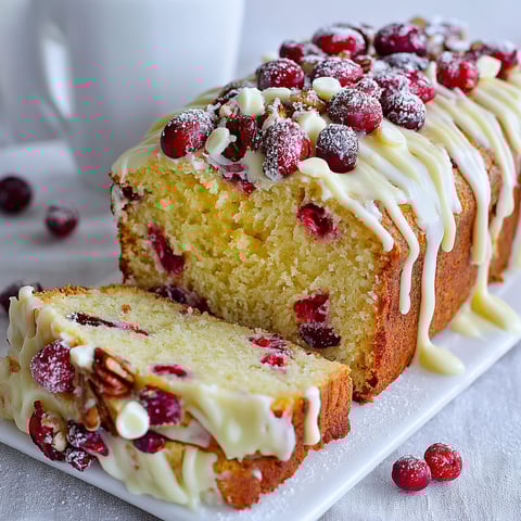 A slice of cranberry pound cake with white frosting.