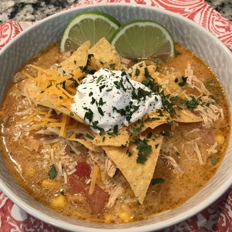 A bowl of chicken tortilla soup with a dollop of sour cream on top.