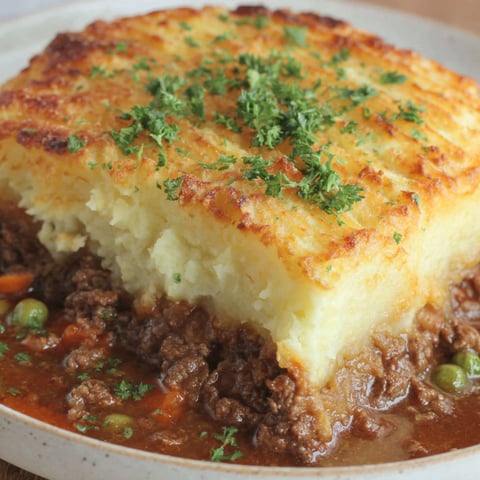 A homemade cottage pie with a generous amount of meat and vegetables.