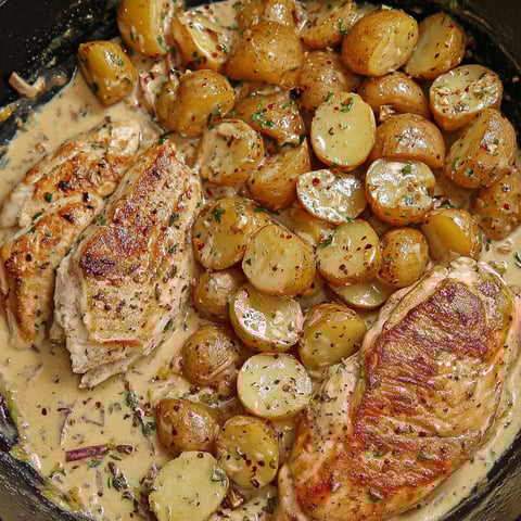 A dish of chicken and potatoes cooked in a one pot meal.